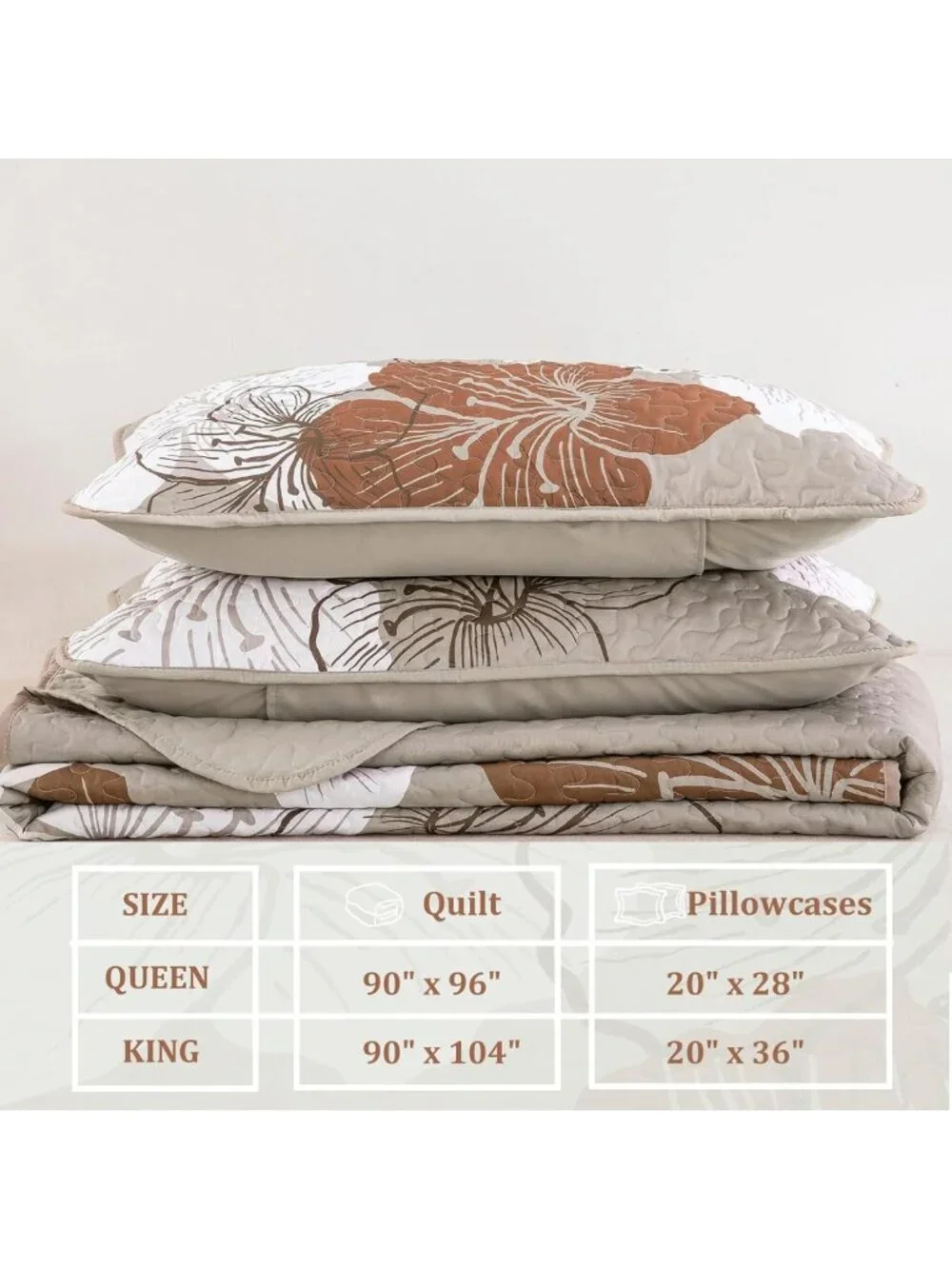 Cozy Taupe Floral King Size Quilt Set - 3 Piece Bedspread Coverlet for Fall